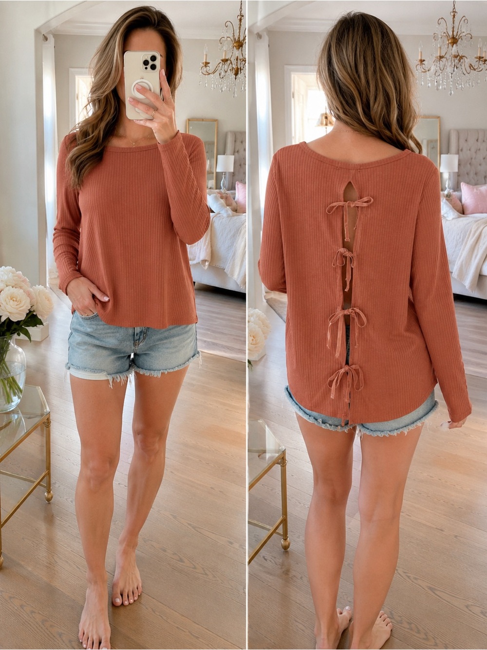 Avec Les Filles Rust Back-Tie Ribbed Long Sleeve Top